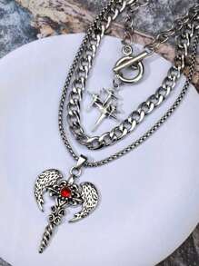 3pcs Vintage Multilay Star Pendant Necklace Set, Minimalist Stainless Steel Choker Necklace With Star, Heart Wing, Flame Cross Charm For Women And Men - Silver - View 1