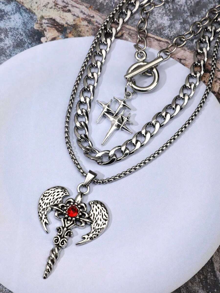 3pcs Vintage Multilay Star Pendant Necklace Set, Minimalist Stainless Steel Choker Necklace With Star, Heart Wing, Flame Cross Charm For Women And Men - Silver - View 1