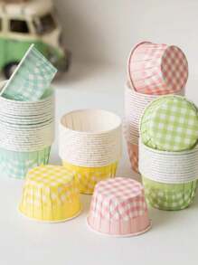 50 个复古格子松饼杯（带盖/不带盖）- 耐热、装饰性纸质烘焙衬垫，带卷边，适用于纸杯蛋糕和甜点，多色节日装饰包（万圣节/圣诞节/复活节/感恩节）