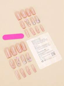 Bộ 24 miếng dán móng tay giả ép hình quan tài cỡ vừa của Press On Nails, với viền kim cương lấp lánh và họa tiết hoa Pháp ngọt ngào, mát mẻ dành cho nữ. Đầu ngón tay mới và thời trang, kèm theo 1 miếng keo dán và 1 miếng băng dán. Thích hợp cho các buổi tiệc tùng, khiêu vũ, trang phục thường ngày, phụ kiện làm móng có thể tháo rời và tái sử dụng. - Nhiều màu - Xem 6