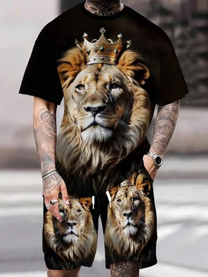 男士透气户外休闲 T 恤和短裤套装，成人夏季 3D 印花服装。