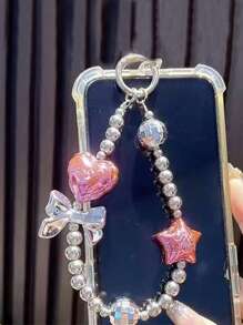 1 chiếc vòng tay hạt cườm mặt hình ngôi sao mạ bạc dành cho nữ có dây đeo điện thoại hình nơ, thiết kế thanh lịch (không bao gồm ốp điện thoại) làm quà tặng cho mẹ, gia đình, bạn bè, sinh nhật, ngày lễ - Màu Hồng Tươi - Xem 4