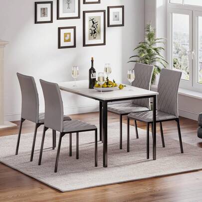 Dining Table And Chairs Set Of 4, Modern Dining Table Set Kitchen Furniture, Marble Effect Dining Table With 4 PU Leather Dining Chairs, 120x70cm Dining Room Set For Home Apartment,White Table & 4 Grey Chair
