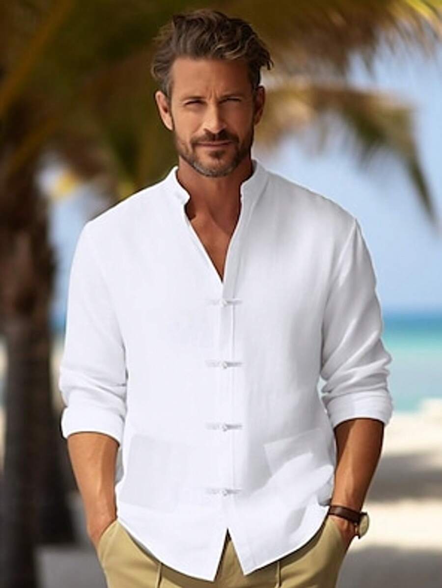 2025秋季男士舒适亲肤简约中国风纯色百搭唐领长袖衬衫 - 白色 - 查看 1