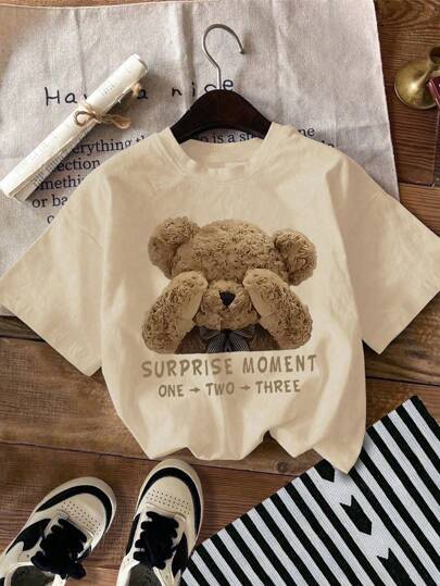 泰迪熊印花圆领T恤，夏季休闲柔软上衣