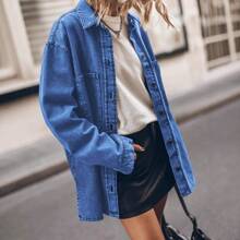 2025 Spring New, Lapel Jeans Coat For Women, Blue Large Pockets Loose Casual Shirt - Blue - View 3
