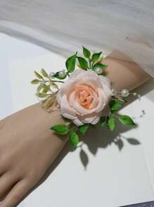 1pc Elegant Pink Korean Style Bridal Wrist Flower, Wedding Accessories, Bridesmaid Gift, Luxurious Pearl Chain Bracelet