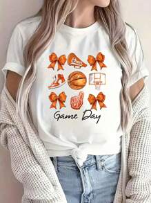 100% Cotton Women Girls Coquette Basketball Mom Game Day T-S Printed O-Neck Casual T Shirt Women's Clothing - trắng - Xem 1