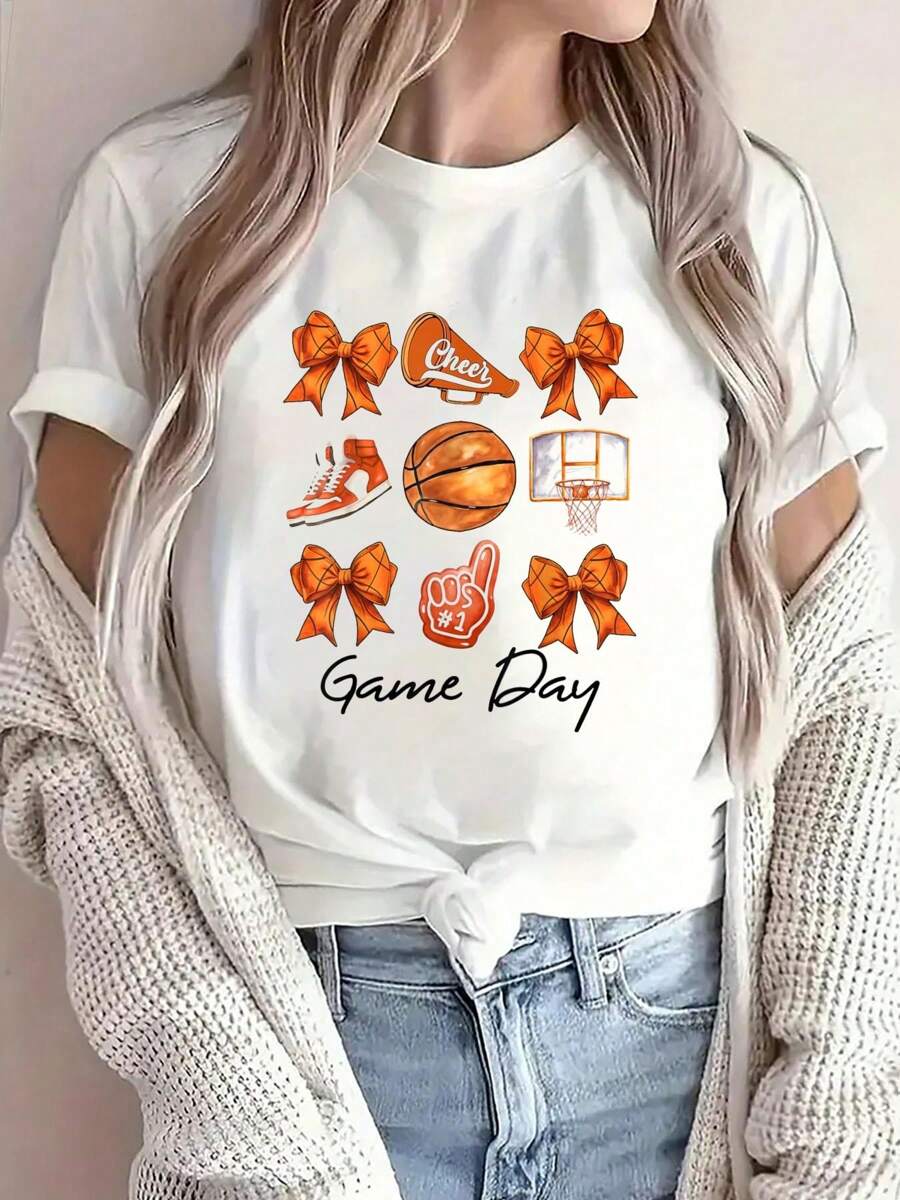 100% Cotton Women Girls Coquette Basketball Mom Game Day T-S Printed O-Neck Casual T Shirt Women's Clothing - trắng - Xem 1