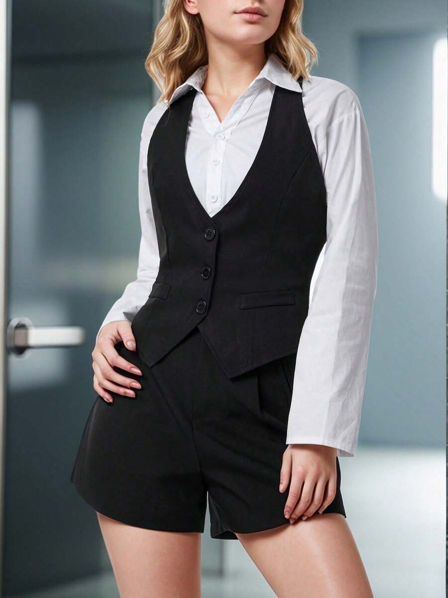 Women Waistcoat Vests, Vintage Sleeveless V Neck Button Down Dressy Suit Blazer Vest - 黑色 - 查看 1
