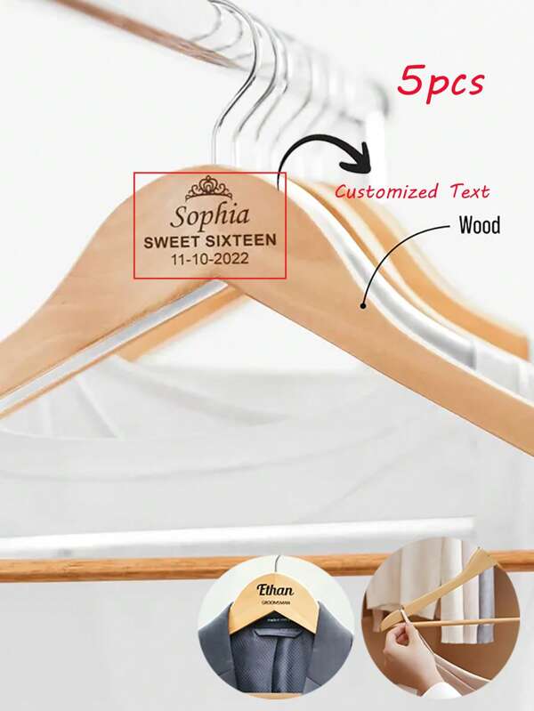 Set de 5/1 pieza de perchas de madera maciza antideslizantes personalizables, percha de ropa, pinzas para pantalones, perchas especializadas para ropa, tiendas de vestidos de novia, hoteles, adecuado como regalo personalizado para familiares, colegas, amigos, regalos festivos, ideal para hoteles, hogar, tiendas de vestidos de novia, restaurantes, regalos para damas de honor