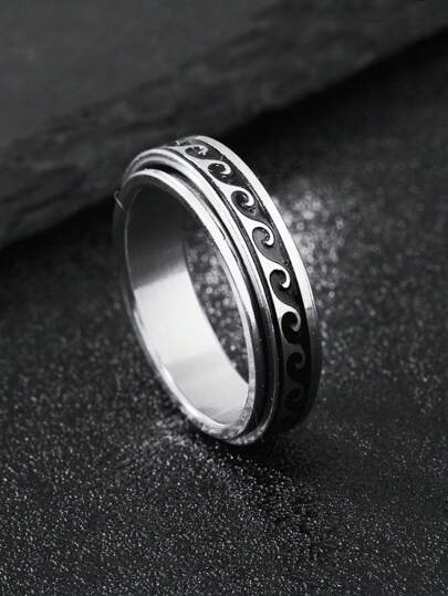 Anxiety Ring Vintage Ukiyo-E Water Wave Pattern Stainless Steel Men's Hip Cool Ring