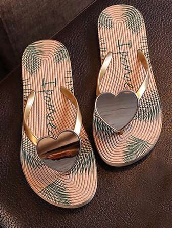 Sandalias con tira en forma de chancleta de verano para mujer con corazón metálico, elementos florales de plantas tropicales, suela blanda transpirable y antideslizante