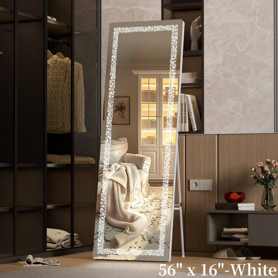HASIPU 56" X 16" Full Length Mirror With LED Lights, Full Body Mirror With Triangle Pattern Light, LED Free Standing Floor Mirror, Wall Mounted Mirror Dimming & 3 Color Modes Suit For Bedroom,Living Room Bathroom Accessories Back To School