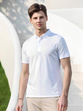 Men's Summer Solid Color Short Sleeve Casual Business Polo Shirt, For Golf, For Husband, For Going Out