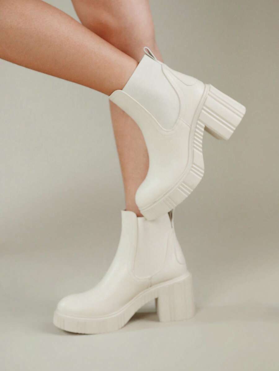 Leather Fabric Splicing High Thick Heel Thick Bottom Sleeve Chelsea Boots Women's Autumn Ankle Boots - Beige - View 1