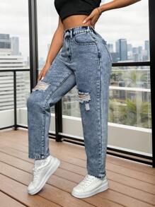 Jeans de talle alto rotos con corte "mom fit" - Azul - Ver 1