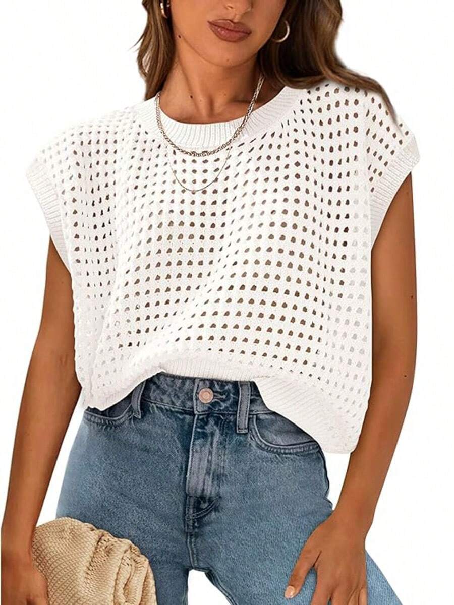 Womens Spring Tops 2025 Summer Shirts Crochet Cap Sleeve Sweater Pullover Cute Crew Neck Hollow Out Beach Cover Ups - 白色 - 查看 1