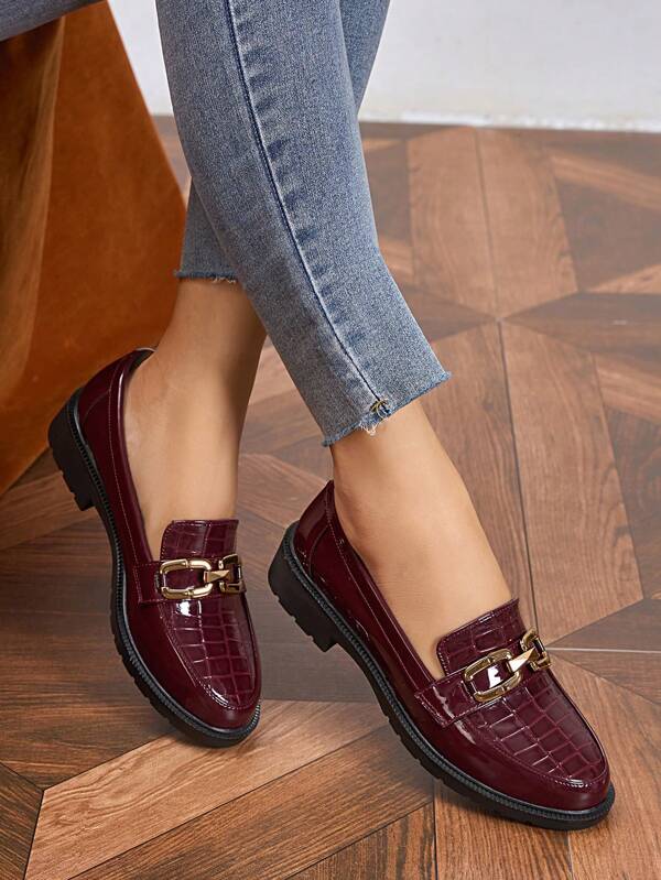 Women's Spring Loafers - Burgundy Patent Leather Platform Slip-Ons, Round-Toe & Metal Buckle For Casual Chic