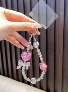 1 chiếc vòng tay hạt cườm mặt hình ngôi sao mạ bạc dành cho nữ có dây đeo điện thoại hình nơ, thiết kế thanh lịch (không bao gồm ốp điện thoại) làm quà tặng cho mẹ, gia đình, bạn bè, sinh nhật, ngày lễ - Màu Hồng Tươi - Xem 2
