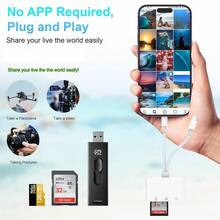 1 pièce Lecteur de carte SD avec connecteur double Lightning et USB-C, lecteur de carte de stockage prêt à l'emploi compatible avec 17 Pro Max/17 Pro/17 Plus/17/16/15/14/13/12/11/XS/XR/8/7/6, iPad, sans application requise