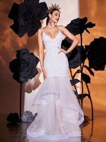 White Spaghetti Strap Sequin Mesh Backless Asymmetric Wedding Dress, Bride - White - View 1