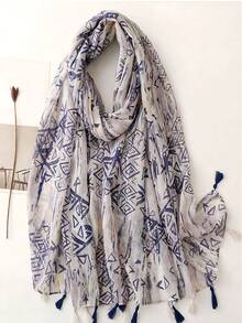 女士简约印花围巾，时尚新款围巾，春夏防晒沙滩披肩，亚麻质感女士披肩 - 彩色 - 查看 7