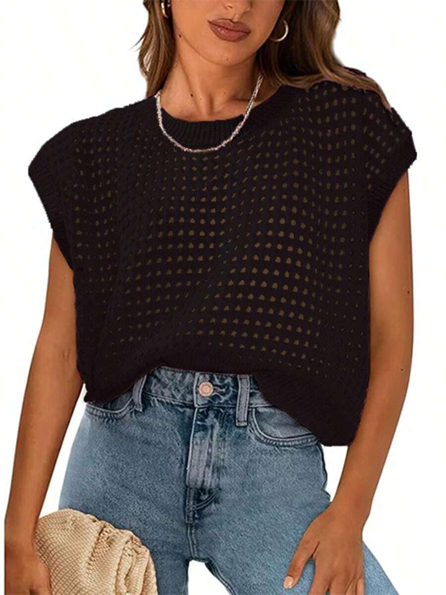 Womens Spring Tops 2025 Summer Shirts Crochet Cap Sleeve Sweater Pullover Cute Crew Neck Hollow Out Beach Cover Ups - màu đen - Xem 1