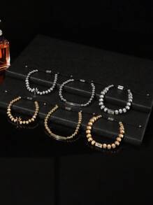 3pcs Crown Beaded Bracelet Set, Floral Pattern, Adjustable Length, Men's Accessory - 3-piece Set - View 5