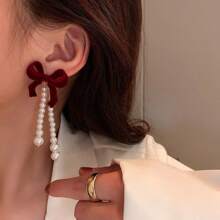 1pc New Vintage Hong Kong Style Wine Red Flocked Bow S925 Silver Needle Earring, 2-In-1 Pearl Earring For Autumn/Winter