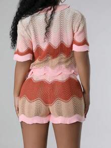 Colorblock Button Front Shirt & Drawstring Waist Shorts - Pink - View 3