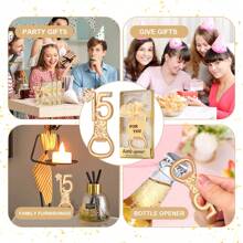 Zestaw 24 złotych otwieraczy do butelek 15 na prezent na 15. urodziny, przyjęcia urodzinowe, rocznice, pamiątki ślubne i upominki dla gości, prezenty walentynkowe, artykuły kuchenne i barowe, upominki na przyjęcia - Złoto - Zobacz 7