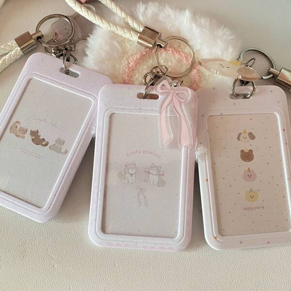 Portafotografías con llavero de estilo Kpop, Soporte para tarjeta de identificación con llavero con diseño de animales de dibujos animados, Estuche protector rígido para fotos, Útiles escolares, Regreso a clases