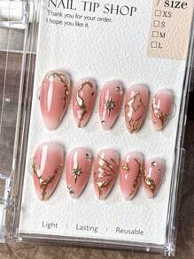 10Pcs Handmade Hand-Painted Butterfly & Heart Textures Pink Blush Rhinestone Spring Cute Almond Shape Nail Art Stickers Press On Nails Nail Supplies Nails
