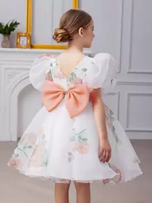 Young Girl Butterfly & Floral Print Tulle Puff Sleeve Elegant Princess Party Dress, Suitable As Birthday Gift, Flower Girl Dress For Wedding, School Performance, Holiday Celebration, Prom