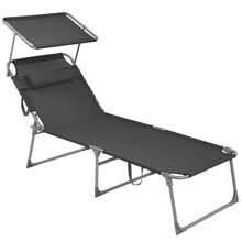 SONGMICS Große Sonnenliege, klappbarer Liegestuhl, 71 x 200 x 38 cm, Belastbarkeit 150 kg, mit Sonnenschutz, Kopfstütze und Verstellbarer Rückenlehne, für Garten Pool Terrasse, anthrazit