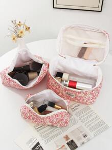 1 PC Pink Floral Quilted Portable Make Up Bag,Fashionable And Casual Large Capacity Portable Zipper Makeup Bags,Travel And Vacation Essentials Cosmetic Bags For Sanitary Napkins,Pouch Pads,Wired Earphones,Headphones,Charger,Lipsticks,Cosmetics,Perfume,Skin Care And Beauty Products,Home Decor,For Mom,Women,Nurses,Students,School Girls,Keys,Holiday Gifts