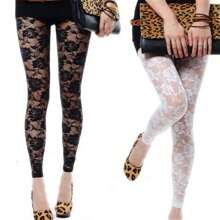 Women Summer Leggings, Solid Color Floral Lace Sheer Long Elastic Band High Waist Pants, Vintage Slim-Fit Wild Fashion Bottoms - trắng - Xem 4