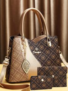 3pcs Women Fashion Print Handbag + Shoulder Bag + Crossbody Bag Set, & Versatile - Gold - View 1