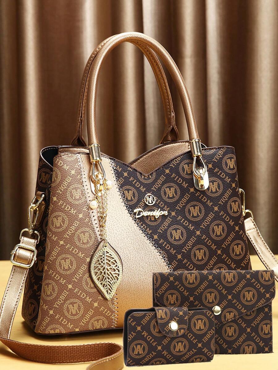 3pcs Women Fashion Print Handbag + Shoulder Bag + Crossbody Bag Set, & Versatile - Gold - View 1
