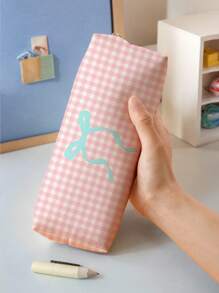 1pc Pink Check Bow Pattern Printed Corduroy Pencil Case, Double-Sided Print Stationery Pouch, Portable Multi-Function Office Supply Pencil Holder Study Storage Bag