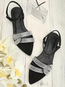Women's Fashion Rhinestone Strap Twist Knot Pointed Toe Elegant Flat Sandals - Black - View 2