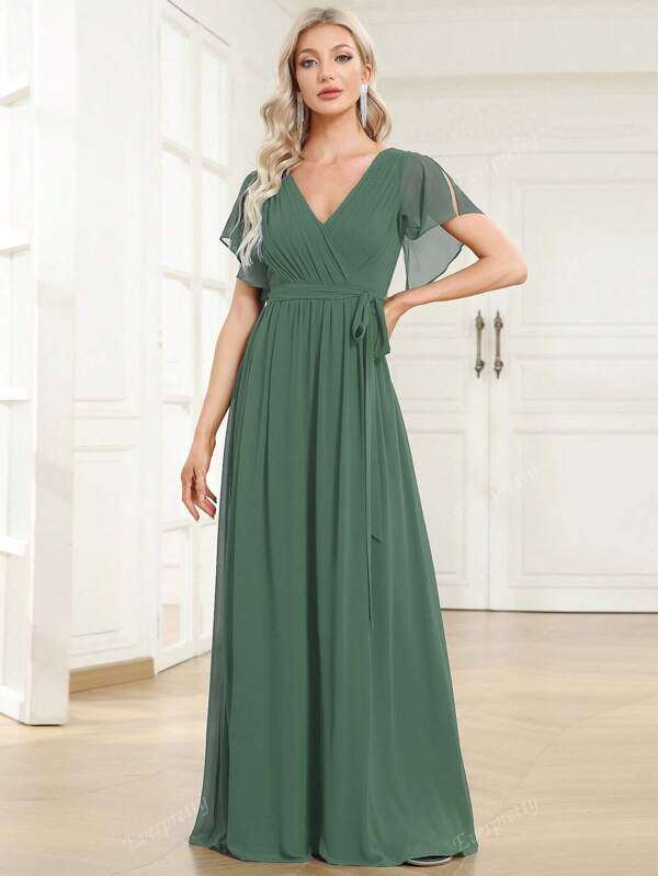 EVER-PRETTY Summer Butterfly Sleeve Tie Back V-Neck Solid Color Chiffon Olive Green Bridesmaid Dress For Elegant Ladies Wedding Guest Dress For Wedding