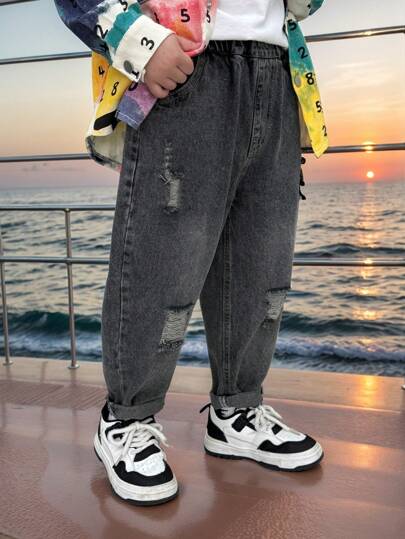 Spodnie jeansowe dla małych chłopców, luźne, podarte, zniszczone, na każdą porę roku