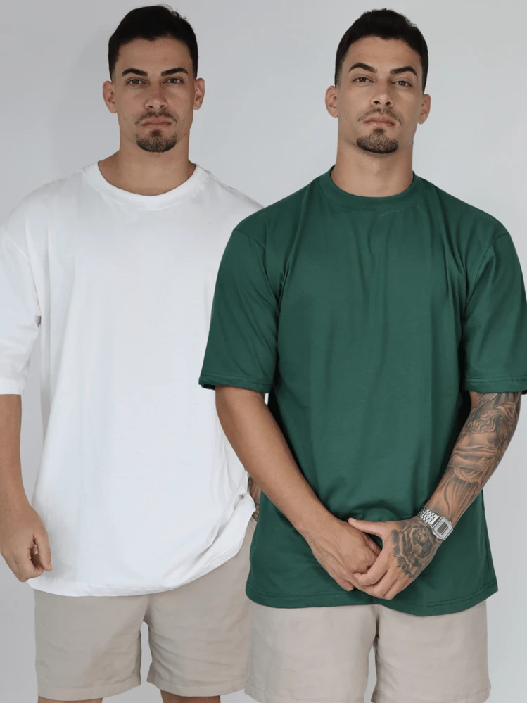 Kit 2 Camiseta Oversized Masculina  Streetwear Lisa Algodão Básica Golinha - Verde Militar/Branco - Visão 1