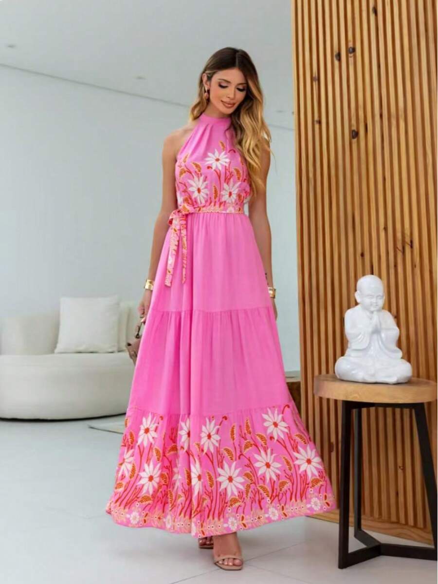 Steve Store Women's Fashion Long Dress With Lined Removable Viscose Fabric Band One Size - hoa hồng - Xem 1