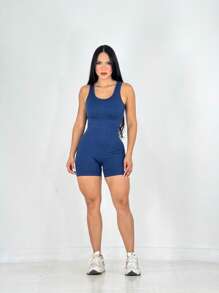 Seamless Ribbed Sports Jumpsuit, Gym Romper - 藏蓝色 - 查看 3