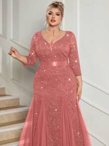 Plus Size Deep V-Neck Sequin Floral Lace Contrast Mesh Mermaid Hem Evening Party Formal Maxi Dress - Dusty Pink - View 9
