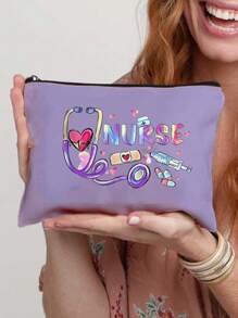 Polychrome Makeup Bag With Creative Patterns Related To The Nurse Theme, A Storage Bag With The Letter "Nurse", Which Can Store Medical , A Multifunctional Beauty Bag,Handbag, Coin Purse, Miscellaneous Storage, Medication Classification