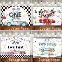 1pc Customizable Photo Name Racing Theme Happy Birthday Backdrop Race Track Black And White Flag Balloon Gift Box Pattern Design For Racing Theme Birthday Party Cake Table Decoration Photography Banner Vinyl